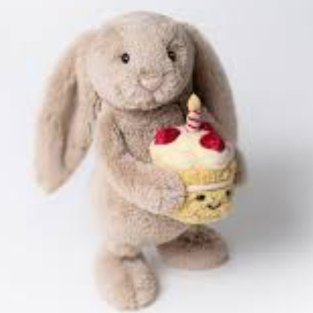 Jellycat Bashful Beige Bunny 'Birthday' 12.2x4.7x3.5" Soft & Plush NWT Authentic